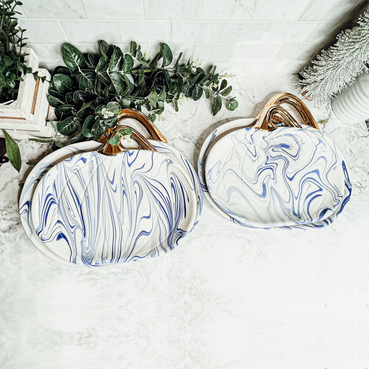 Blue White Marble Pumpkin Serving Platters Set of 2 With Gold Stem