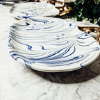 Blue White Marble Pumpkin Serving Platters Set of 2 With Gold Stem