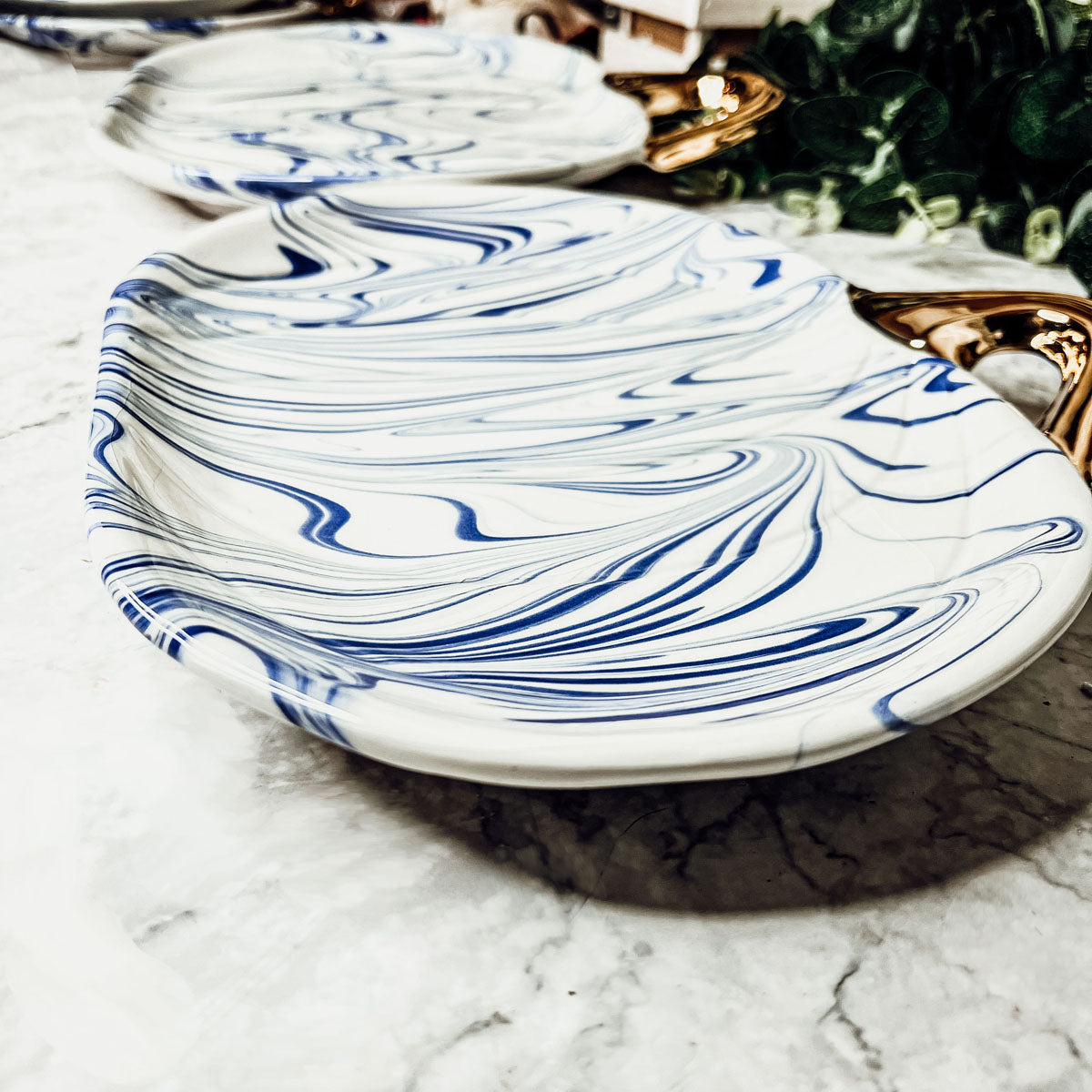 Blue White Marble Pumpkin Serving Platters Set of 2 With Gold Stem