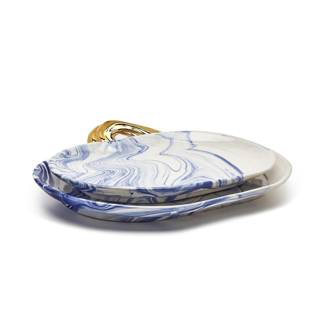 Blue White Marble Pumpkin Serving Platters Set of 2 With Gold Stem