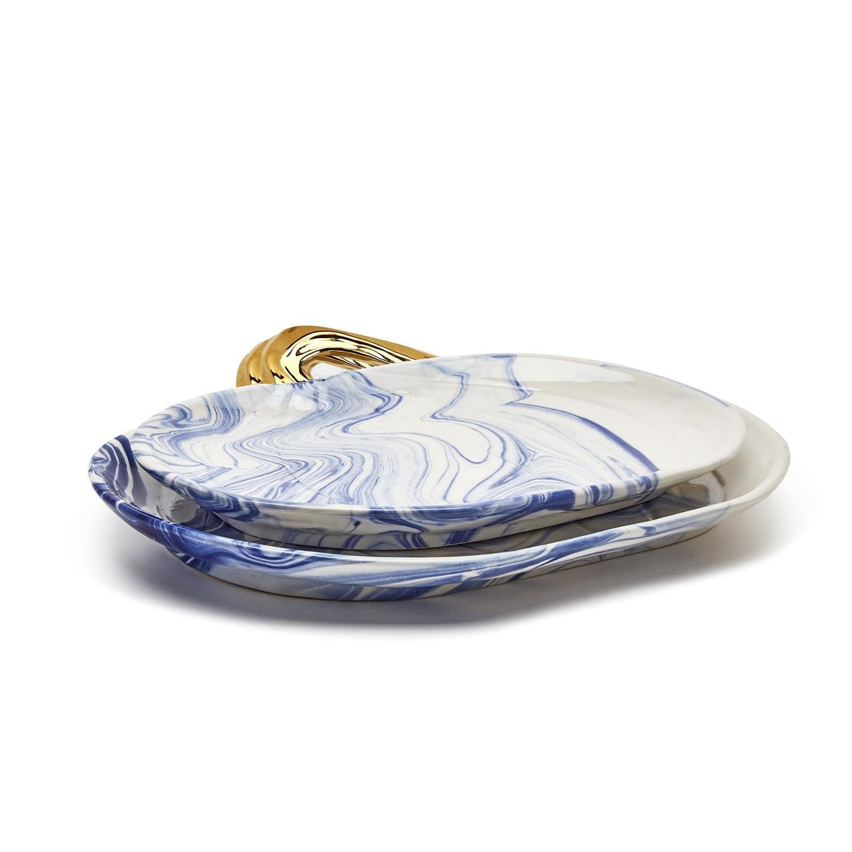 Blue White Marble Pumpkin Serving Platters Set of 2 With Gold Stem