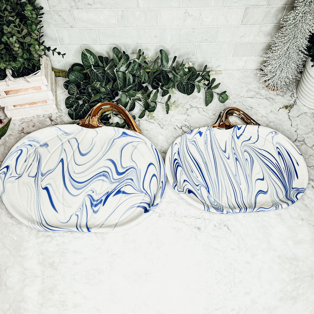 Blue White Marble Pumpkin Serving Platters Set of 2 With Gold Stem