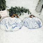Blue White Marble Pumpkin Serving Platters Set of 2 With Gold Stem