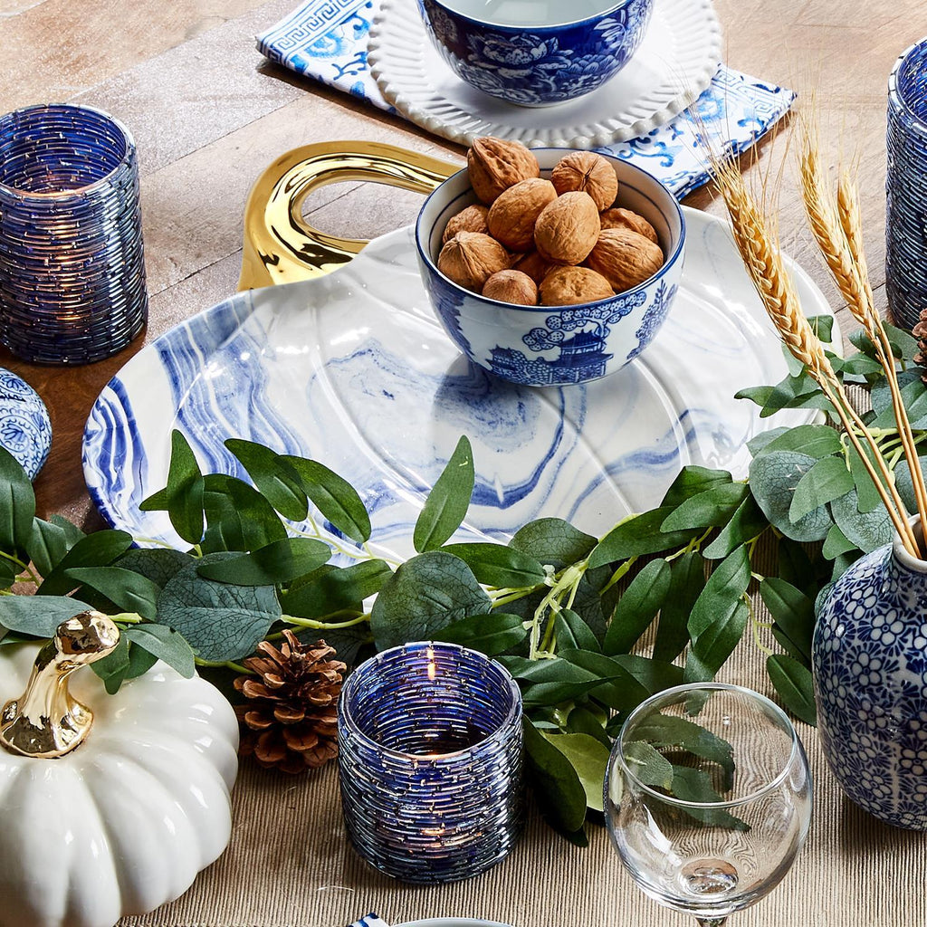 Blue White Marble Pumpkin Serving Platters Set of 2 With Gold Stem
