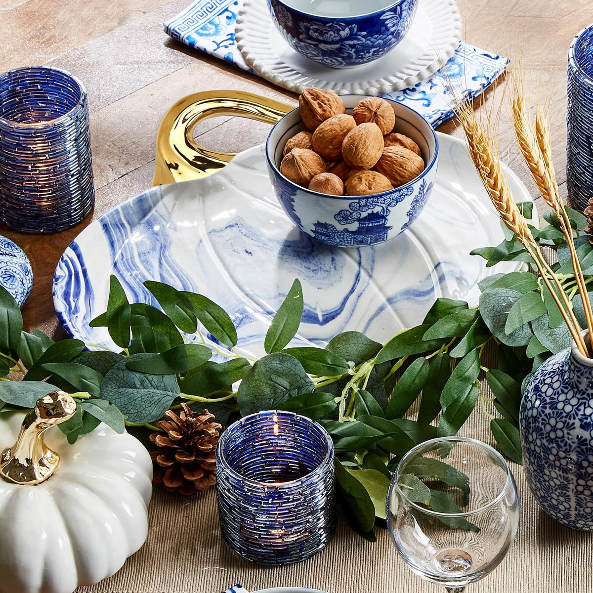 Blue White Marble Pumpkin Serving Platters Set of 2 With Gold Stem