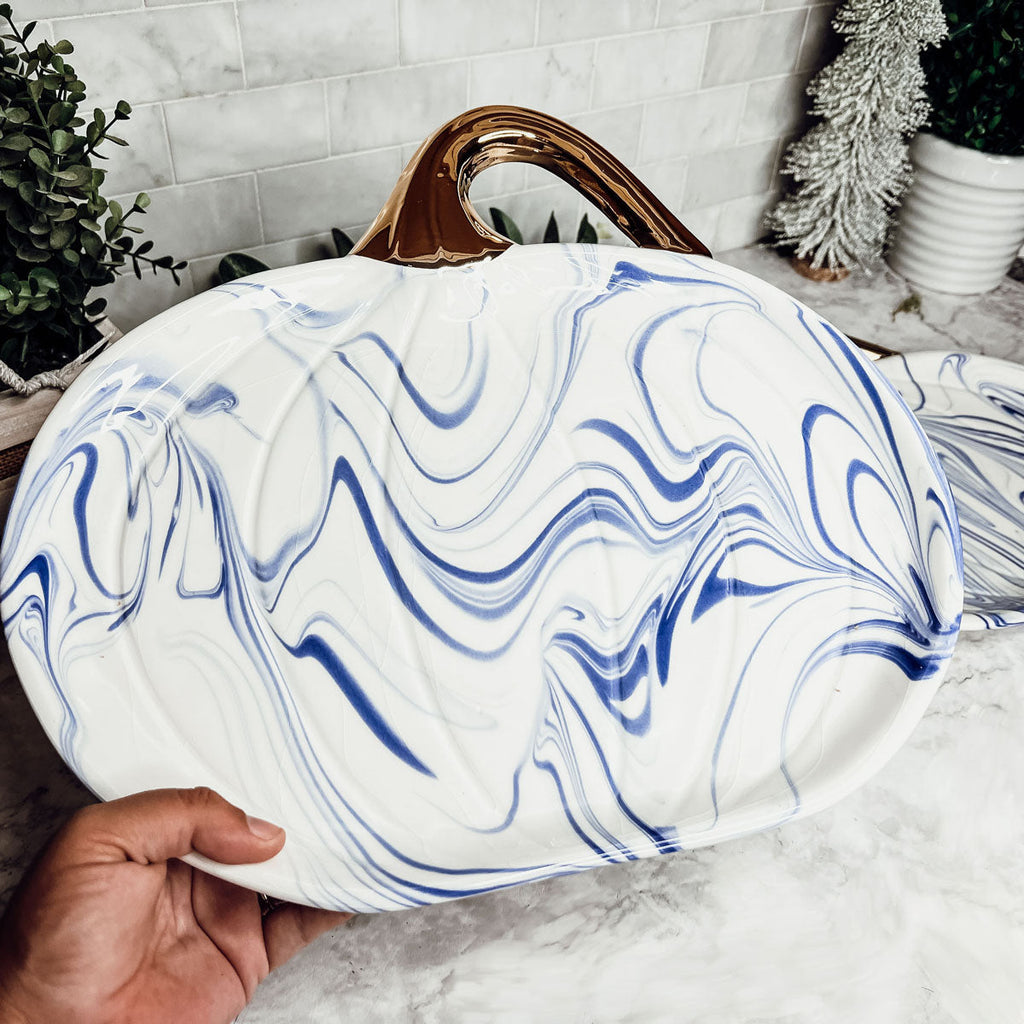 Blue White Marble Pumpkin Serving Platters Set of 2 With Gold Stem