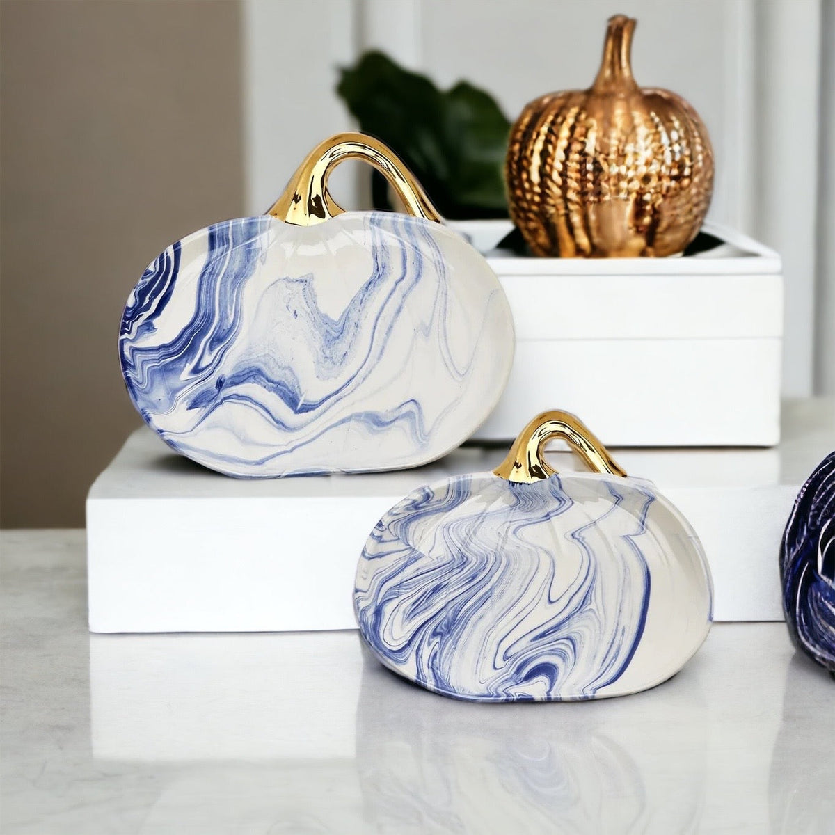Blue White Marble Pumpkin Serving Platters Set of 2 With Gold Stem