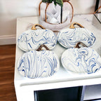 Blue White Marble Pumpkin Serving Platters Set of 2 With Gold Stem