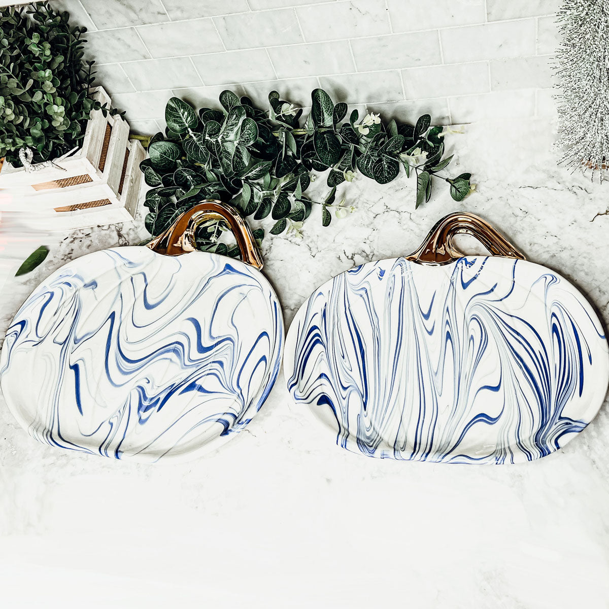 Blue White Marble Pumpkin Serving Platters Set of 2 With Gold Stem