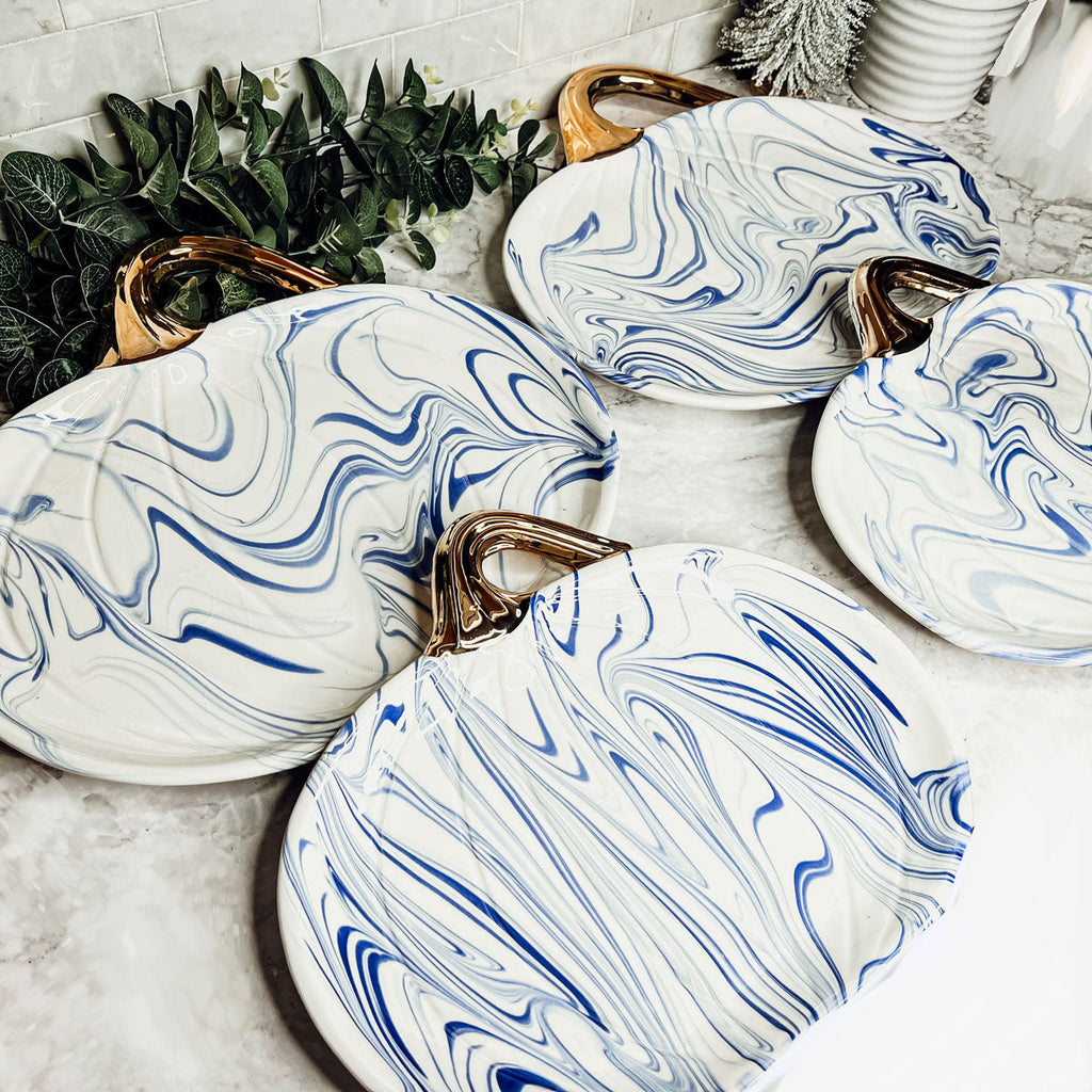 Blue White Marble Pumpkin Serving Platters Set of 2 With Gold Stem