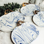 Blue White Marble Pumpkin Serving Platters Set of 2 With Gold Stem