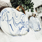 Blue White Marble Pumpkin Serving Platters Set of 2 With Gold Stem