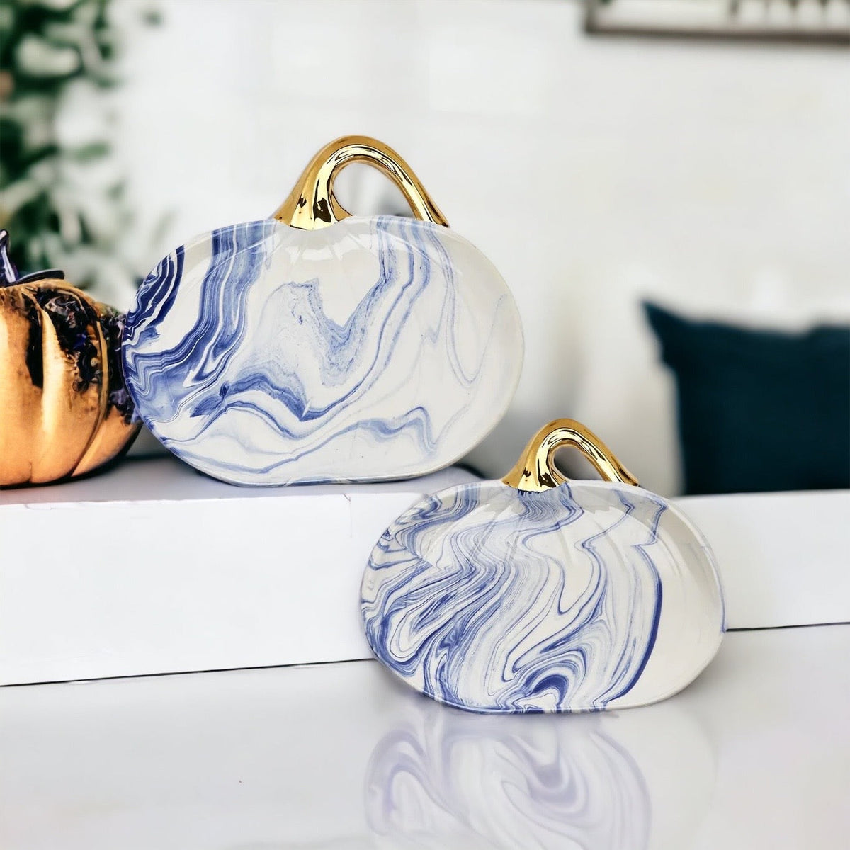 Blue White Marble Pumpkin Serving Platters Set of 2 With Gold Stem