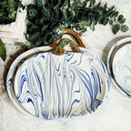 Blue White Marble Pumpkin Serving Platters Set of 2 With Gold Stem
