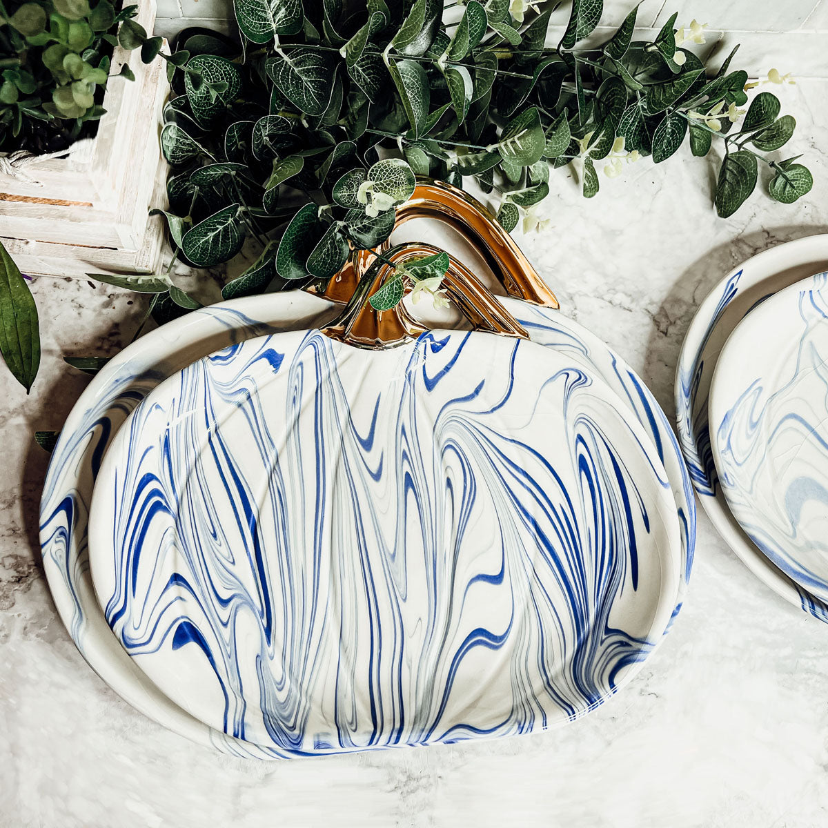 Blue White Marble Pumpkin Serving Platters Set of 2 With Gold Stem