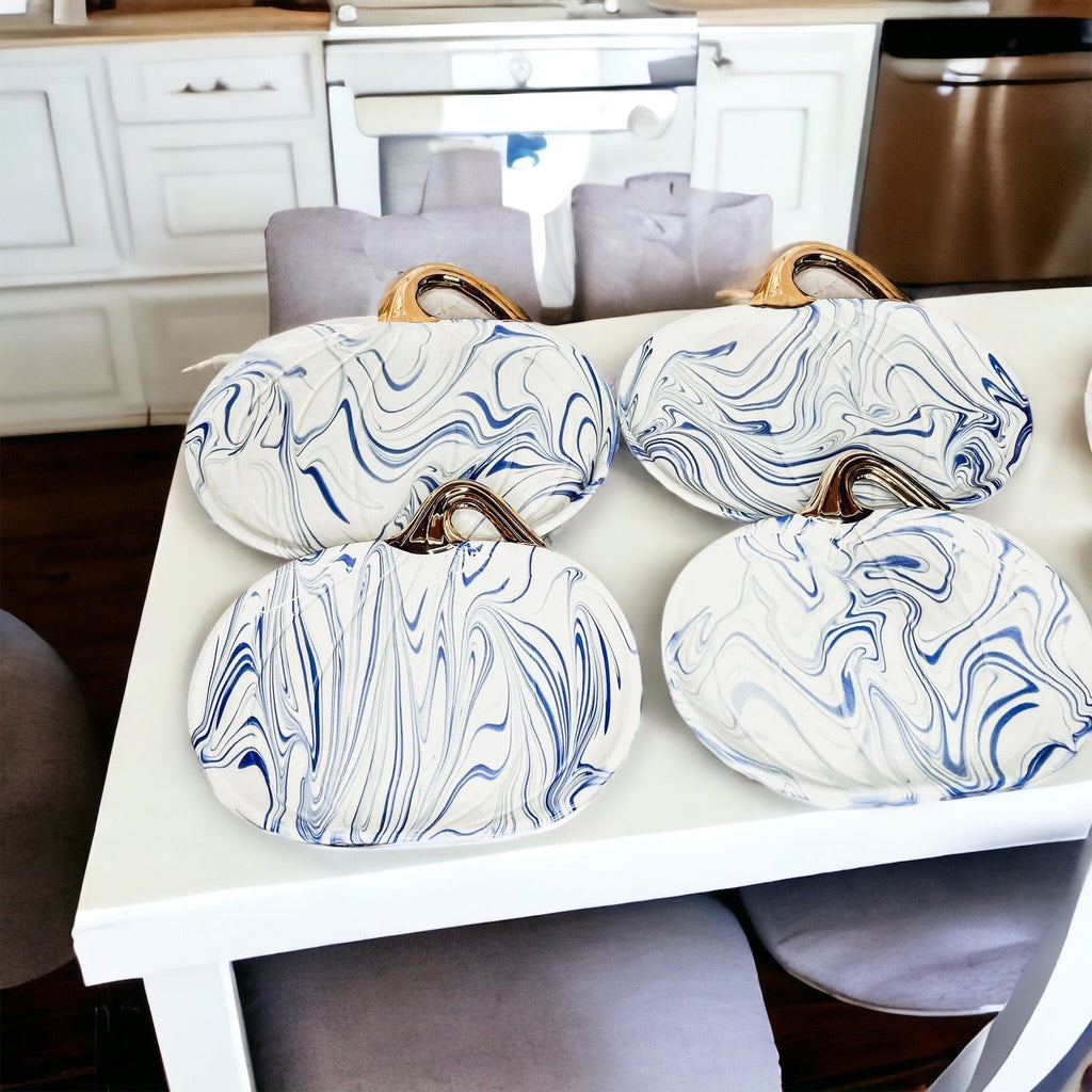 Blue White Marble Pumpkin Serving Platters Set of 2 With Gold Stem