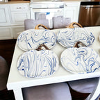 Blue White Marble Pumpkin Serving Platters Set of 2 With Gold Stem