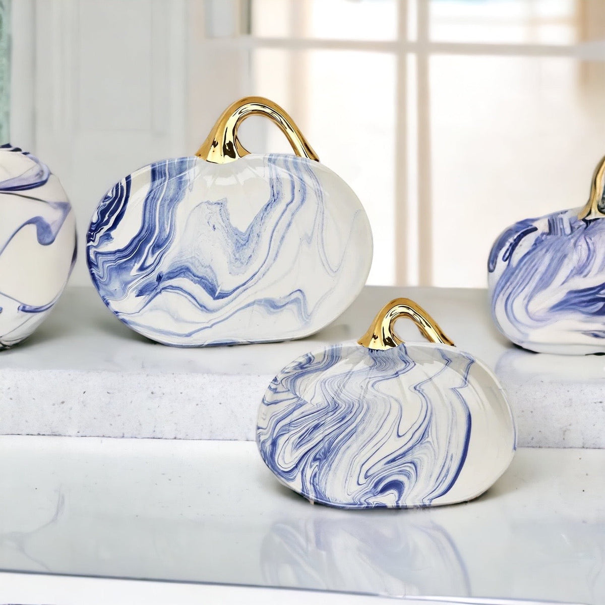 Blue White Marble Pumpkin Serving Platters Set of 2 With Gold Stem