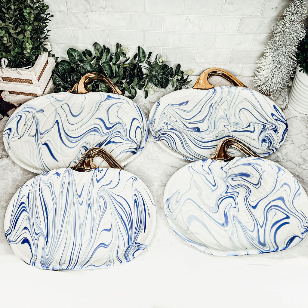 Blue White Marble Pumpkin Serving Platters Set of 2 With Gold Stem
