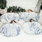 Blue White Marble Pumpkin Serving Platters Set of 2 With Gold Stem