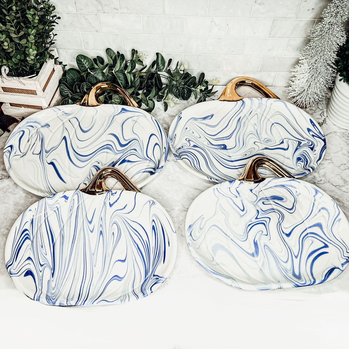 Blue White Marble Pumpkin Serving Platters Set of 2 With Gold Stem