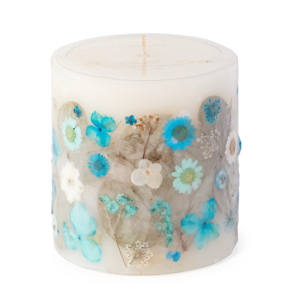 Bluebell Lace Pressed Flower Pillar Candle - Che Cose Belle
