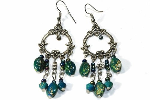 Boho Chandelier Earrings Teal Beads Dangle Silver Handmade - Che Cose Belle