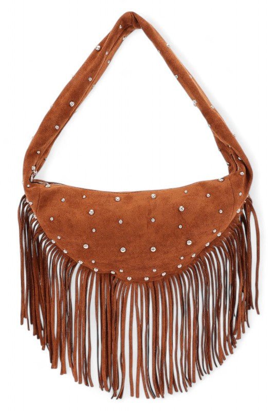 Boho Fringe Faux Suede Hobo Bag – Studded Fashion Handbag - Che Cose Belle