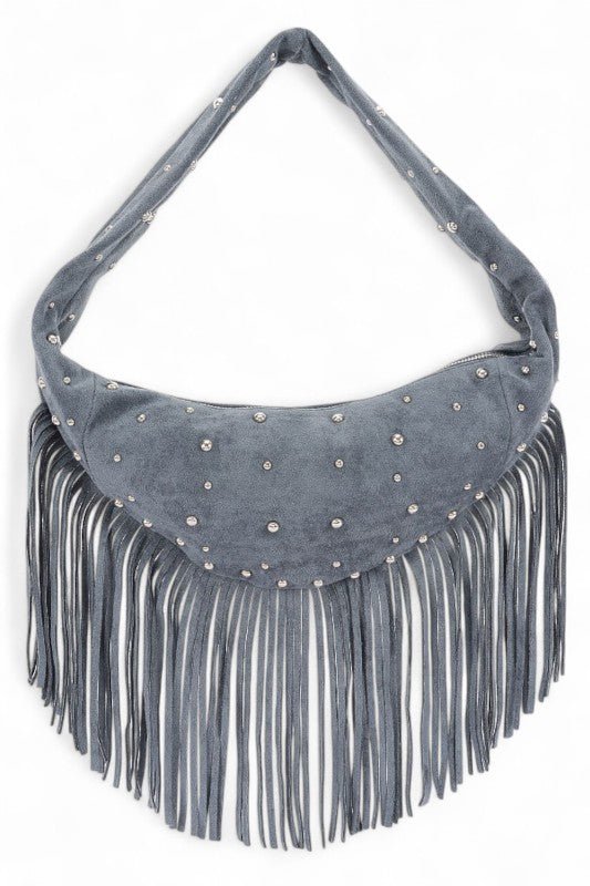Boho Fringe Faux Suede Hobo Bag – Studded Fashion Handbag - Che Cose Belle