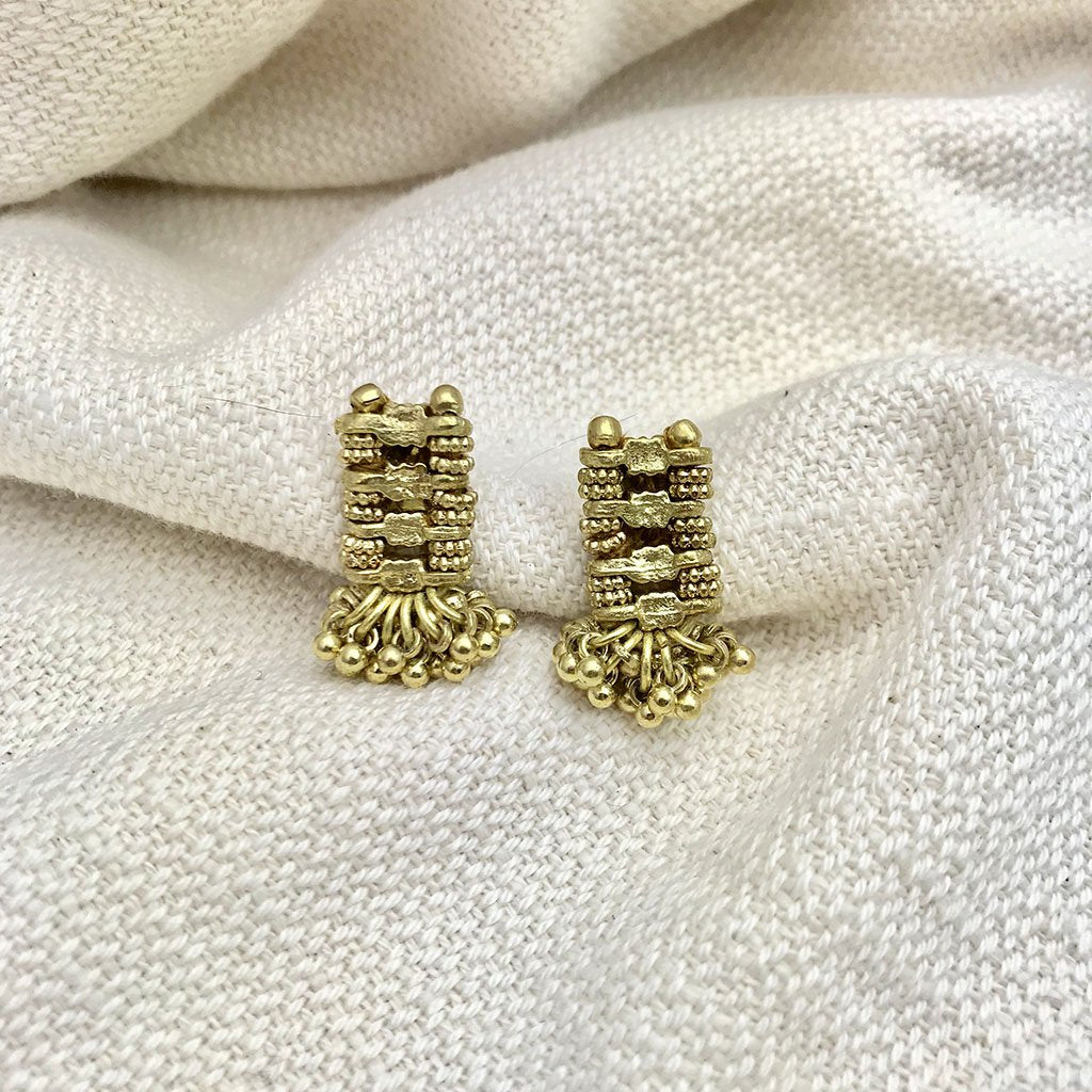 Boho Indian Drop Earrings Woven Metal Beads Cotton Thread 1in