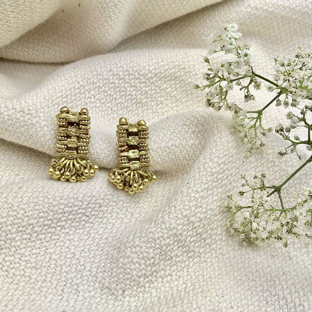 Boho Indian Drop Earrings Woven Metal Beads Cotton Thread 1in