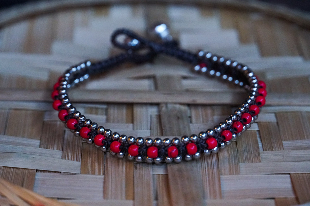Boho Silver Anklet With Red Bead Band Adjustable Chain