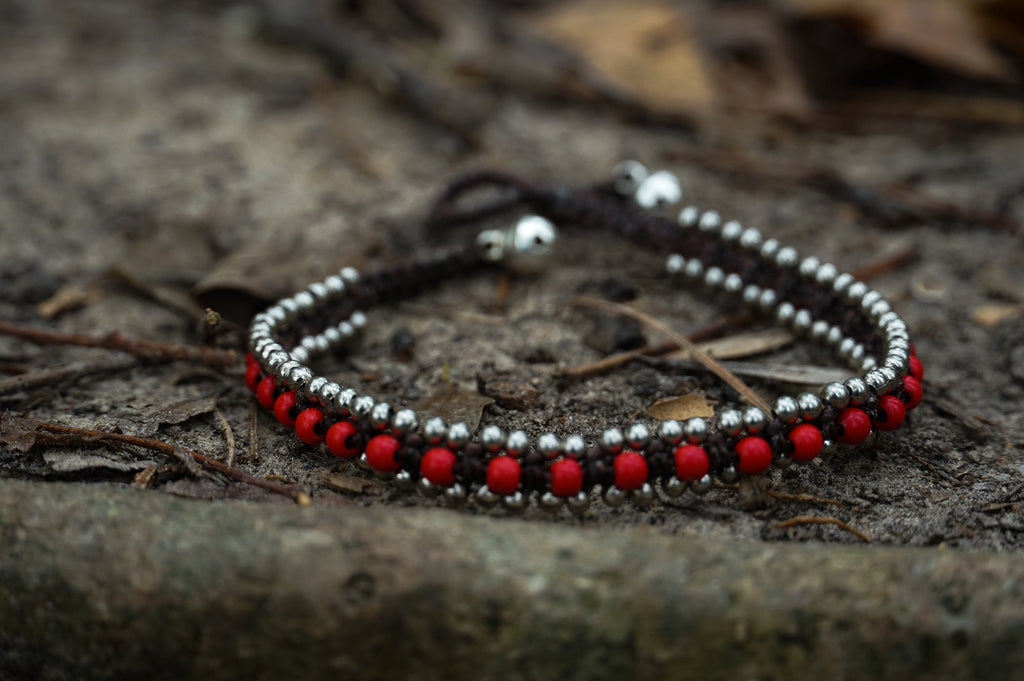 Boho Silver Anklet With Red Bead Band Adjustable Chain