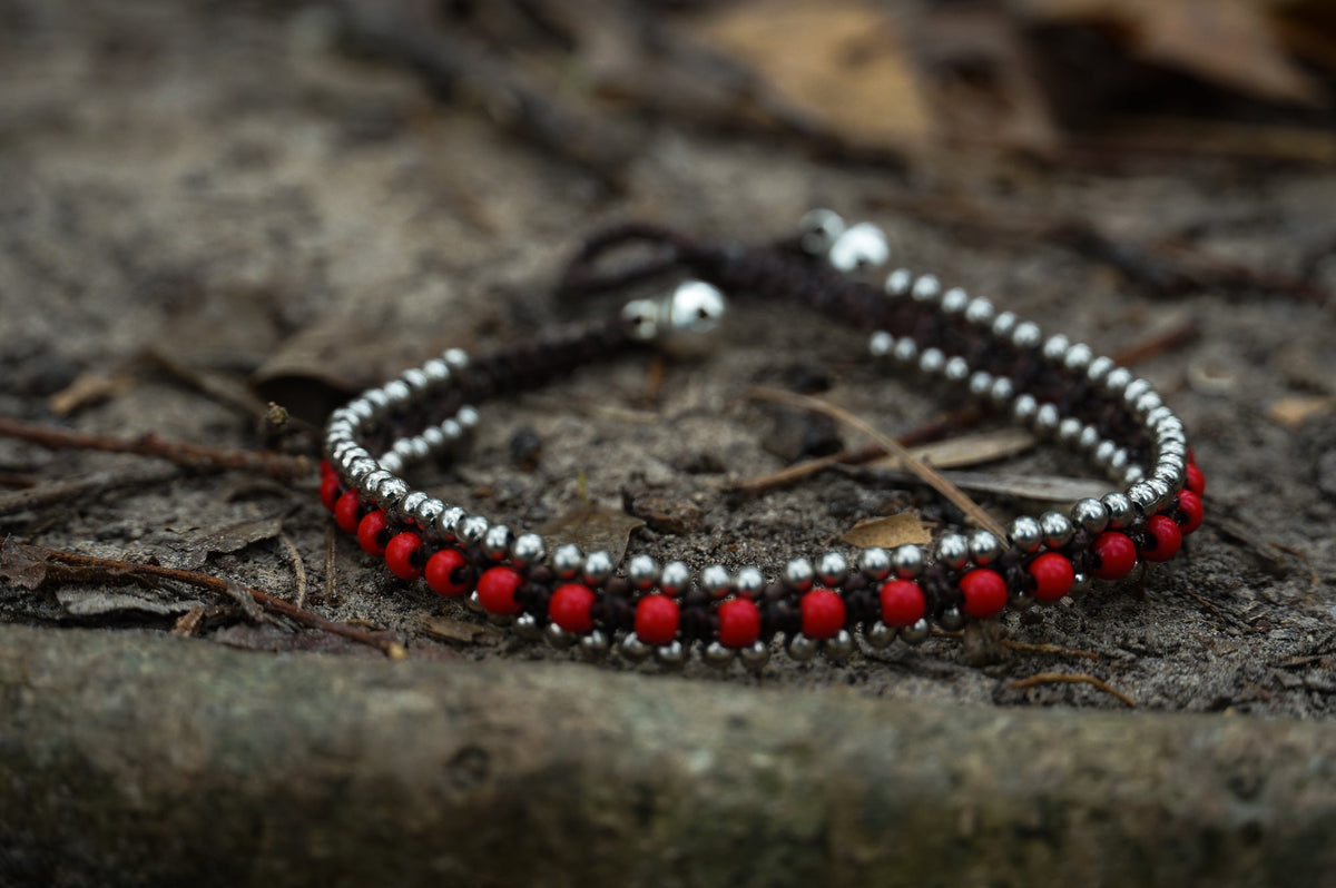 Boho Silver Anklet With Red Bead Band Adjustable Chain