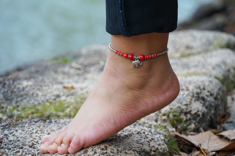 Boho Silver Anklet With Red Elephant Charm Beach Summer