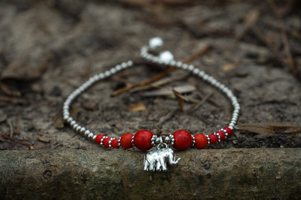 Boho Silver Anklet With Red Elephant Charm Beach Summer