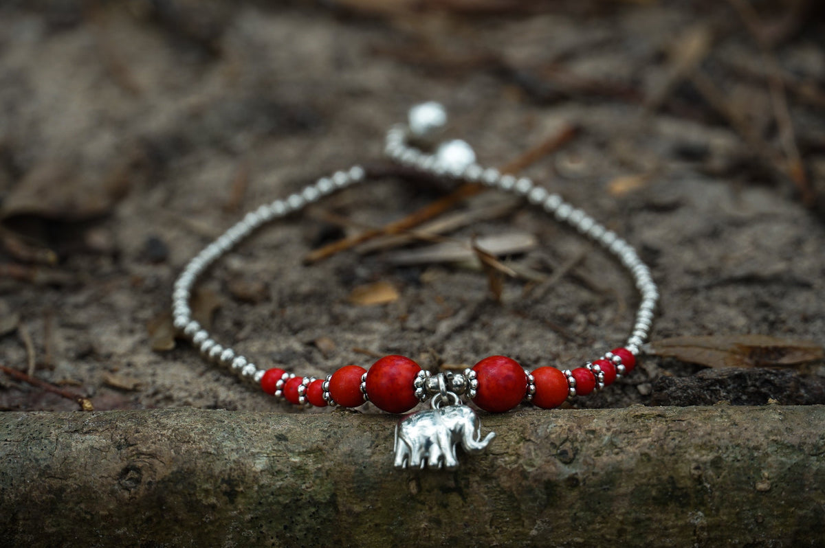 Boho Silver Anklet With Red Elephant Charm Beach Summer