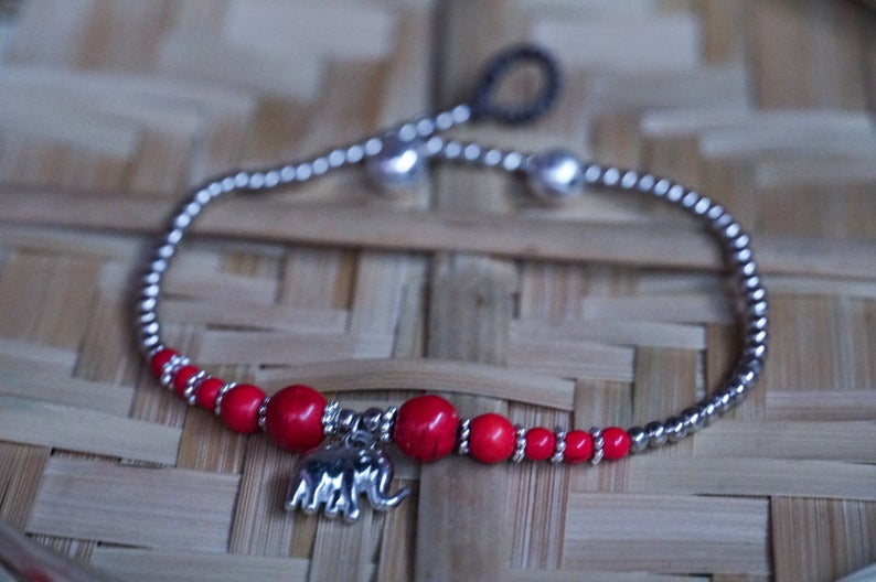 Boho Silver Anklet With Red Elephant Charm Beach Summer