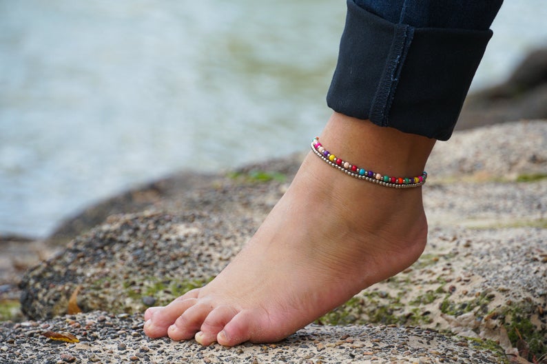 Boho Silver Dual Band Anklet For Women Beach Layered