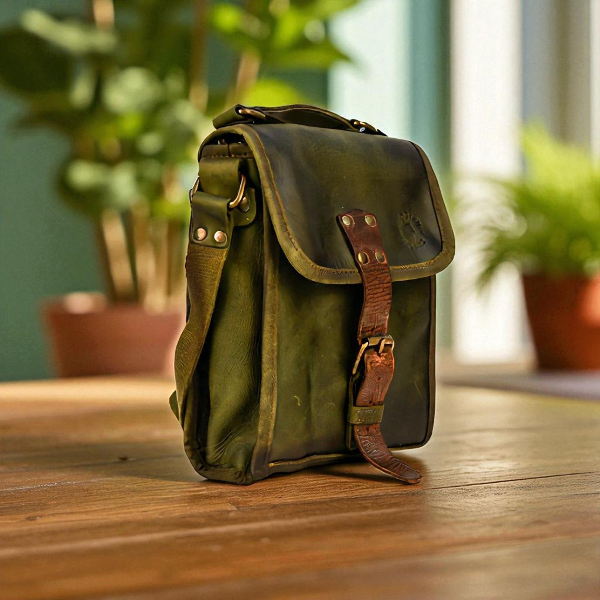 Bovine Leather Small Satchel Bag - Olive - Che Cose Belle