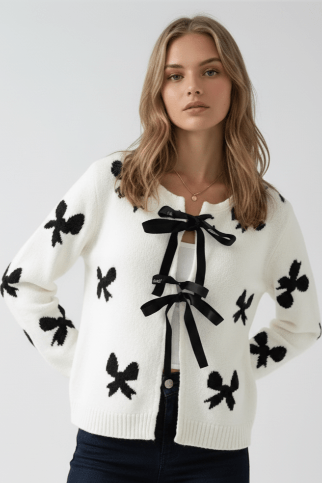 Bow Print Tie-Front Cardigan - Che Cose Belle