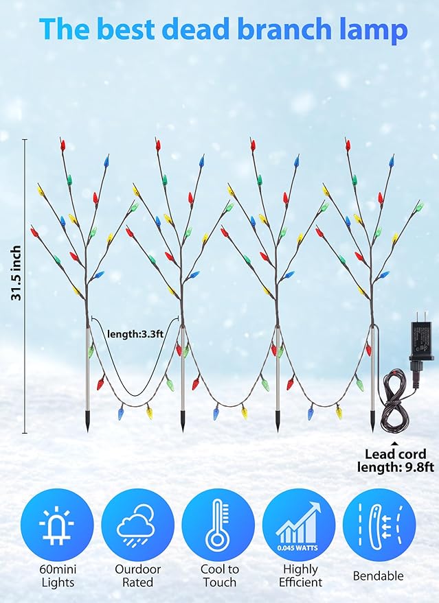 Brightown LED Twig Lights, 2 Sets Total 8 Packs Lighted Branches for Vases Plug in, C6 Driveway Christmas Lights, Outdoor Christmas Stems Outdoor Decorations Yard, Multicolor - Che Cose Belle