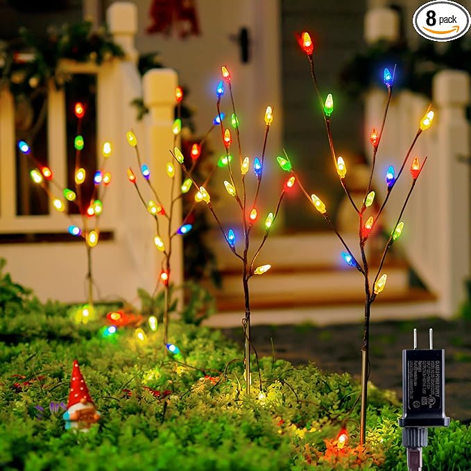 Brightown LED Twig Lights, 2 Sets Total 8 Packs Lighted Branches for Vases Plug in, C6 Driveway Christmas Lights, Outdoor Christmas Stems Outdoor Decorations Yard, Multicolor - Che Cose Belle