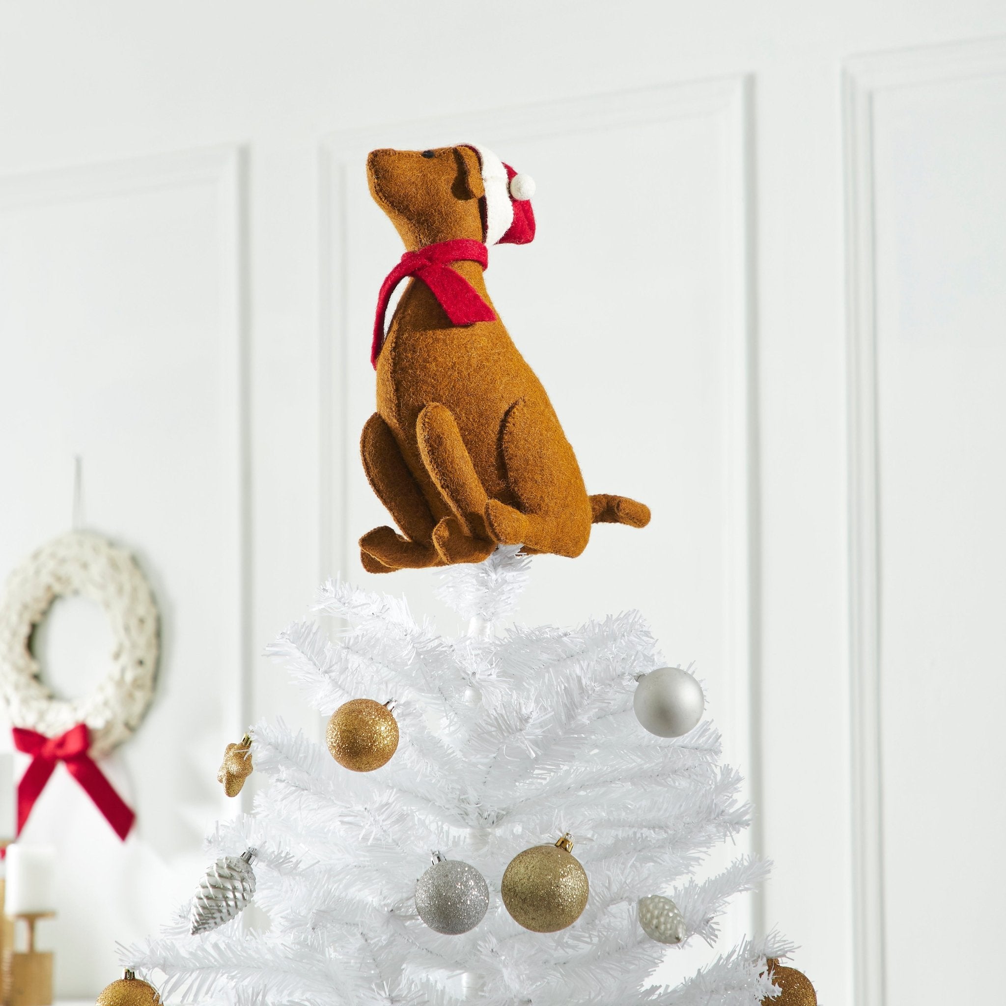 Brown Lab Santa Hat Christmas Tree Topper Hand Felted Wool Arcadia Home