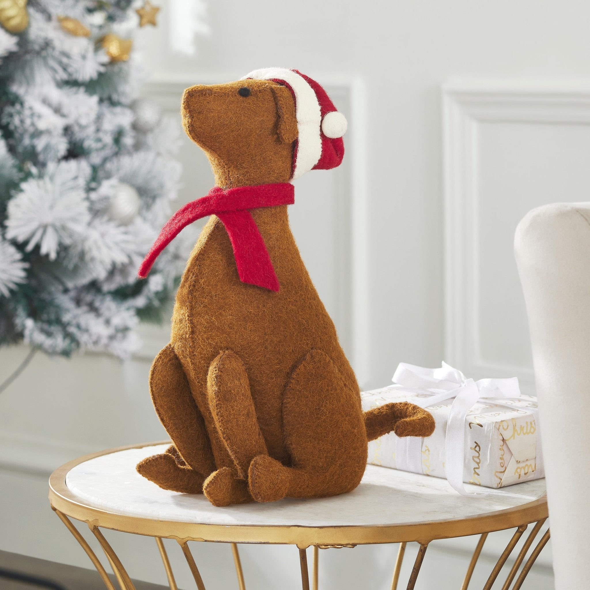 Brown Lab Santa Hat Christmas Tree Topper Hand Felted Wool Arcadia Home
