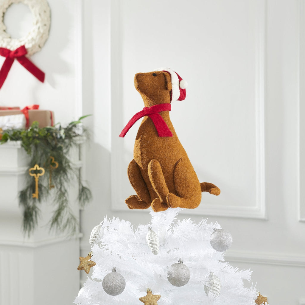 Brown Lab Santa Hat Christmas Tree Topper Hand Felted Wool Arcadia Home