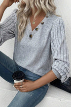 Buttoned V Neck Ribbed Puff Sleeve Top - Che Cose Belle