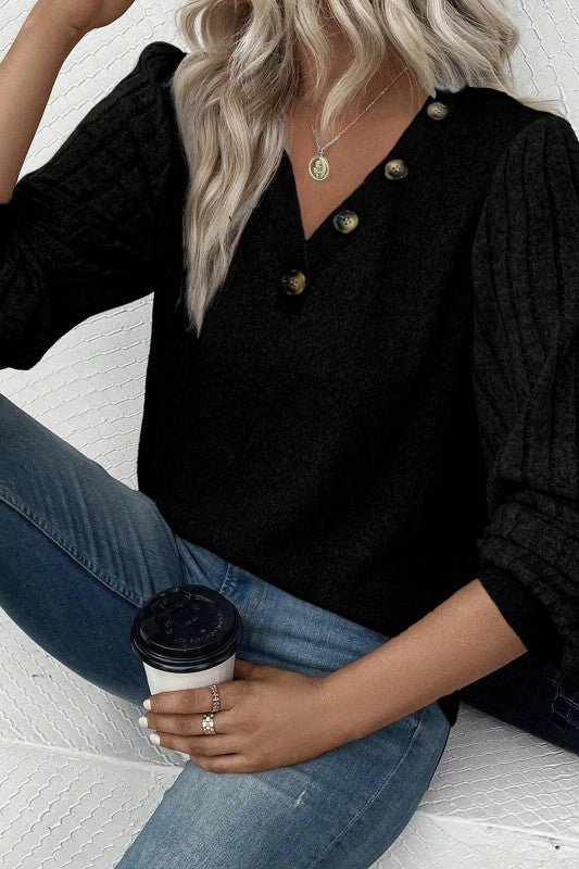 Buttoned V Neck Ribbed Puff Sleeve Top - Che Cose Belle