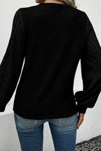 Buttoned V Neck Ribbed Puff Sleeve Top - Che Cose Belle