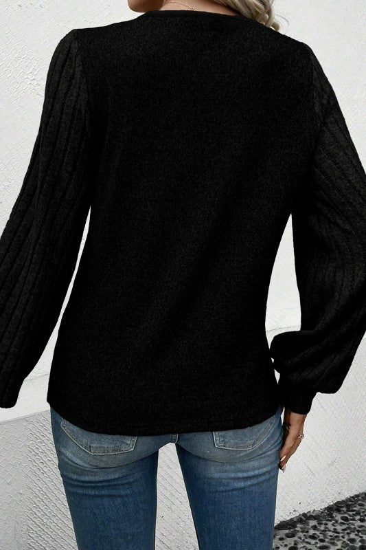 Buttoned V Neck Ribbed Puff Sleeve Top - Che Cose Belle